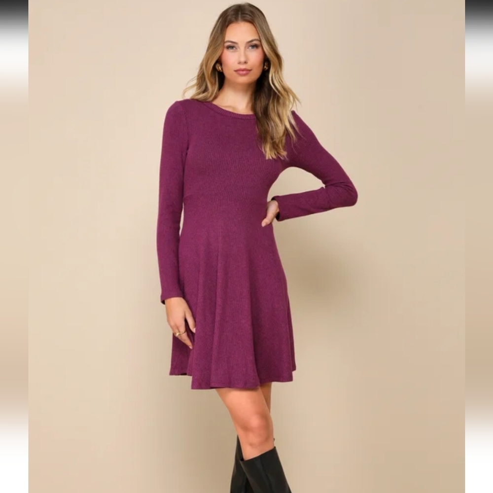 Lulu's Rich Plum Long Sleeve Skater Dress